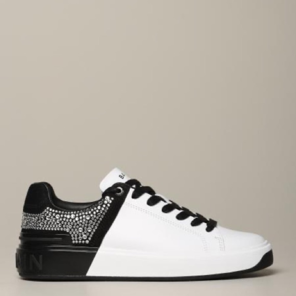 BALMAIN: sneakers in bicolor smooth leather with rhinestones.